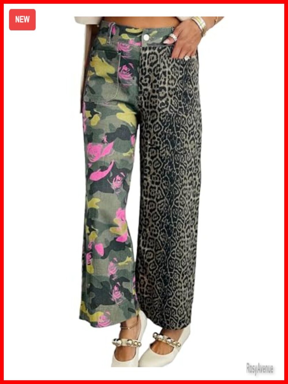 Leopard Print Patchwork Straight Leg High Waisted Stretchy Denim Jeans
